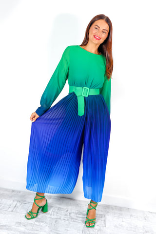 The Pleat Is On - Green Navy Ombre Pleated Jumpsuit