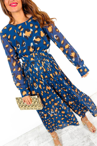 The Pleat Is On - Navy Orange Leopard Print Jumpsuit