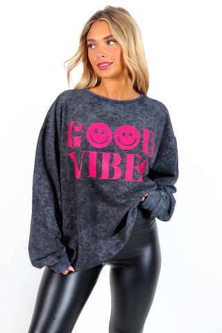 Those Good Vibes - Acid Wash Pink Graphic Sweatshirt