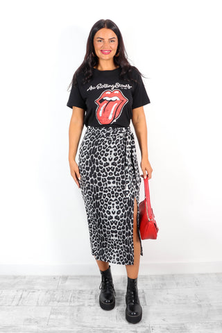 Tie In Wait - Grey Leopard Tie Side Midi Skirt