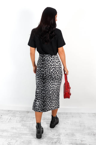 Tie In Wait - Grey Leopard Tie Side Midi Skirt