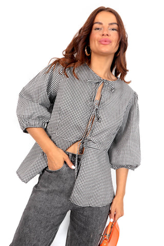 Ties The Limit - Black And White Gingham Tie Top