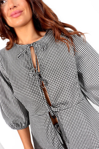 Ties The Limit - Black And White Gingham Tie Top