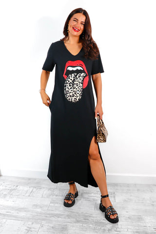 Tongue Tied - Black Leopard Print Graphic Midi T-Shirt Dress