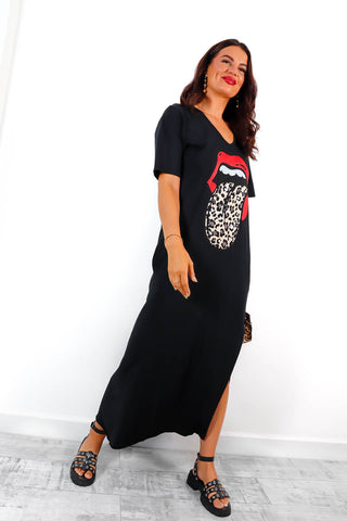 Tongue Tied - Black Leopard Print Graphic Midi T-Shirt Dress