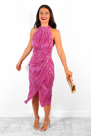 Too Halt To Handle - Pink Gold Lurex Halter Neck Midi Dress