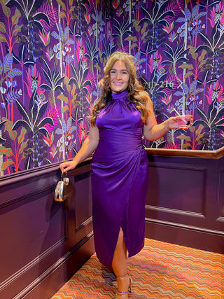 Too Halt To Handle - Purple Satin Halter Midi Dress
