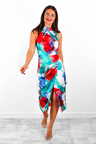 Too Halt To Handle - Red Green Abstract Printed Midi Dress