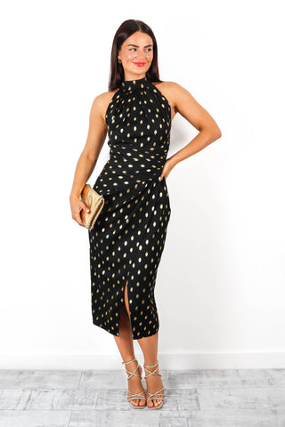 Too Halt To Handle - Black Gold Foil Spot Midi Dress