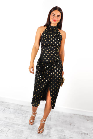 Too Halt To Handle - Black Gold Foil Spot Midi Dress