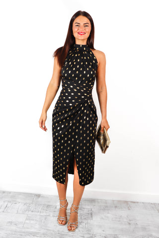 Too Halt To Handle - Black Gold Foil Spot Midi Dress