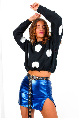 Top Of The Crops - Black White Spot Knitted Cropped Jumper