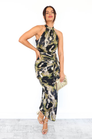 Twist In The Tale - Khaki Abstract Print Halter Neck Twist Detail Midi Dress