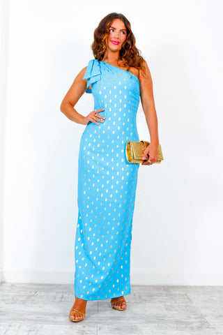 Upgrade You - Turquoise Gold Spot One Shoulder Maxi Dress