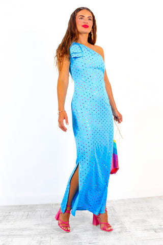 Upgrade You - Turquoise Multi Spot One Shoulder Maxi Dress