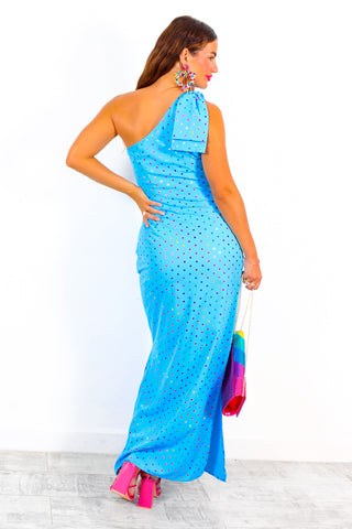 Upgrade You - Turquoise Multi Spot One Shoulder Maxi Dress