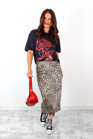 Wait For A Wild - Beige Leopard Satin Midi Skirt