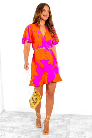 Waiting For You - Pink Orange Floral Mini Wrap Dress