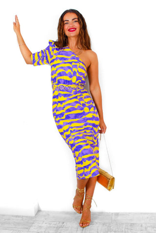 Wanderin' Free - Lilac Yellow Abstract One Shoulder Midi Dress