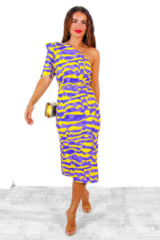 Wanderin' Free - Lilac Yellow Abstract One Shoulder Midi Dress