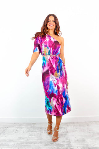 Wanderin' Free - Magenta Multi Abstract One Shoulder Midi Dress