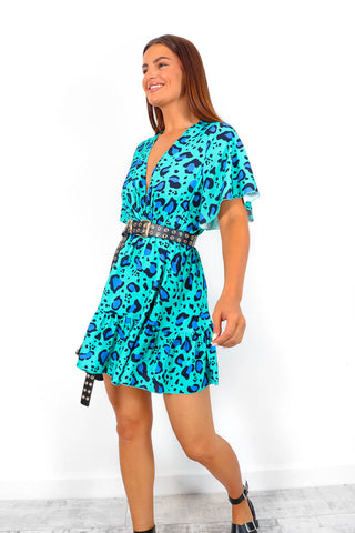 What A Hottie - Green Blue Leopard Print Mini Dress