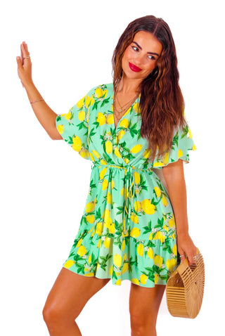 What A Hottie - Green Lemon Print Mini Dress
