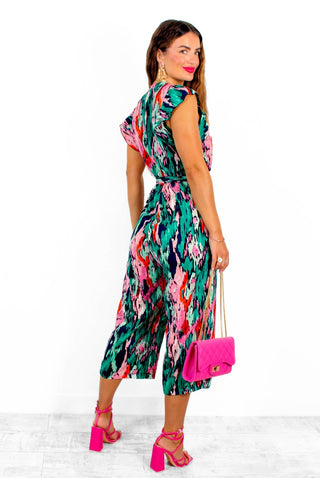 What I Want - Green Multi Abstract Ruffle Jumpsuit