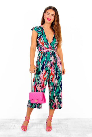 What I Want - Green Multi Abstract Ruffle Jumpsuit