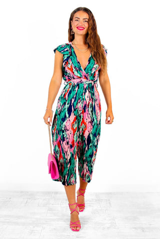 What I Want - Green Multi Abstract Ruffle Jumpsuit