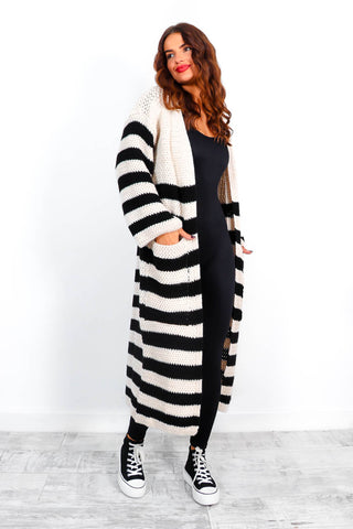 Who's Your Stripe? - Cream Black Knitted Longline Cardigan