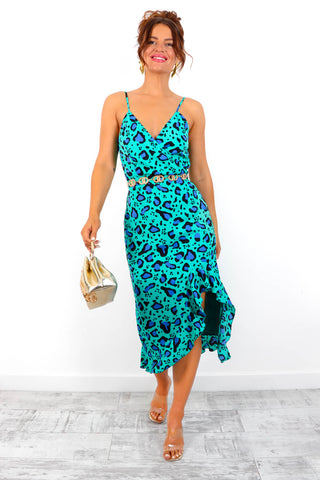 Wild About You - Green Blue Leopard Print Midi Dress