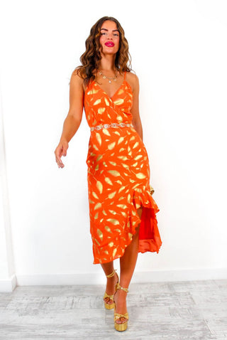Wild About You - Orange Gold Feather Print Midi Dress