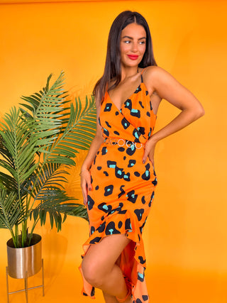 Wild About You - Orange Green Leopard Print Midi Dress
