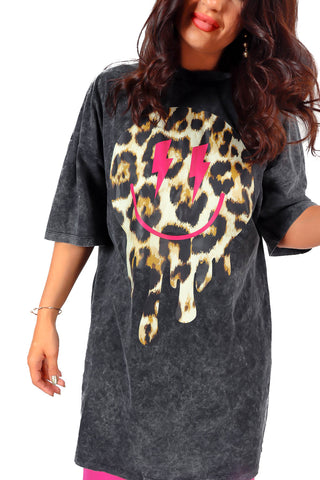 Wild Smile - Acid Wash Fuchsia Leopard Smiley T-Shirt Dress