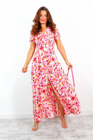 Wild Spring - Pink Multi Floral Short Sleeve Maxi Dress