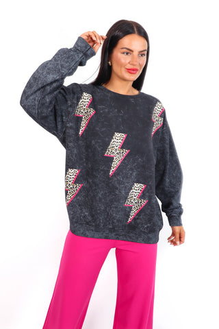 Wild Strike -  Acid Wash Leopard Pink Lighting Bolts Sweatshirt