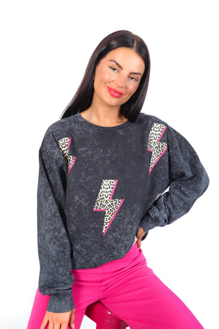 Wild Strike -  Acid Wash Leopard Pink Lighting Bolts Sweatshirt