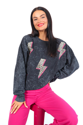 Wild Strike -  Acid Wash Leopard Pink Lighting Bolts Sweatshirt