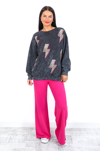 Wild Strike -  Acid Wash Leopard Pink Lighting Bolts Sweatshirt