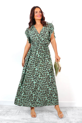 Worth Wild - Green Leopard Pleated Maxi Dress