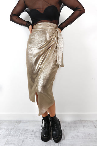 Wrap You Up - Gold Metallic Wrap Tie Midi Skirt