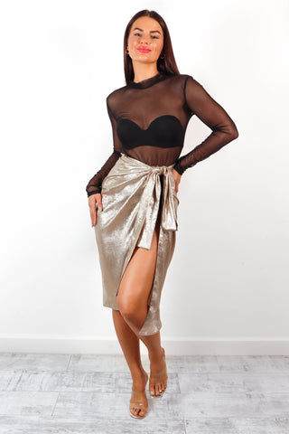 Wrap You Up - Gold Metallic Wrap Tie Midi Skirt