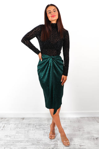 Wrap You Up - Green Leopard Jacquard Satin Wrap Tie Midi Skirt