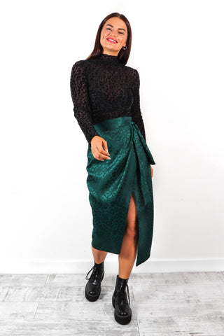 Wrap You Up - Green Leopard Jacquard Satin Wrap Tie Midi Skirt