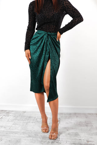 Wrap You Up - Green Leopard Jacquard Satin Wrap Tie Midi Skirt