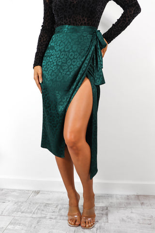 Wrap You Up - Green Leopard Jacquard Satin Wrap Tie Midi Skirt