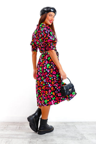 Young Love - Black Multi Abstract Floral Midi Dress