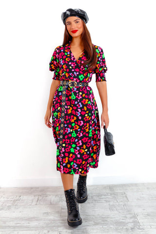 Young Love - Black Multi Abstract Floral Midi Dress