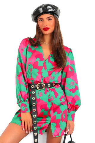 Your New Girl - Green Pink Floral Mini Wrap Dress